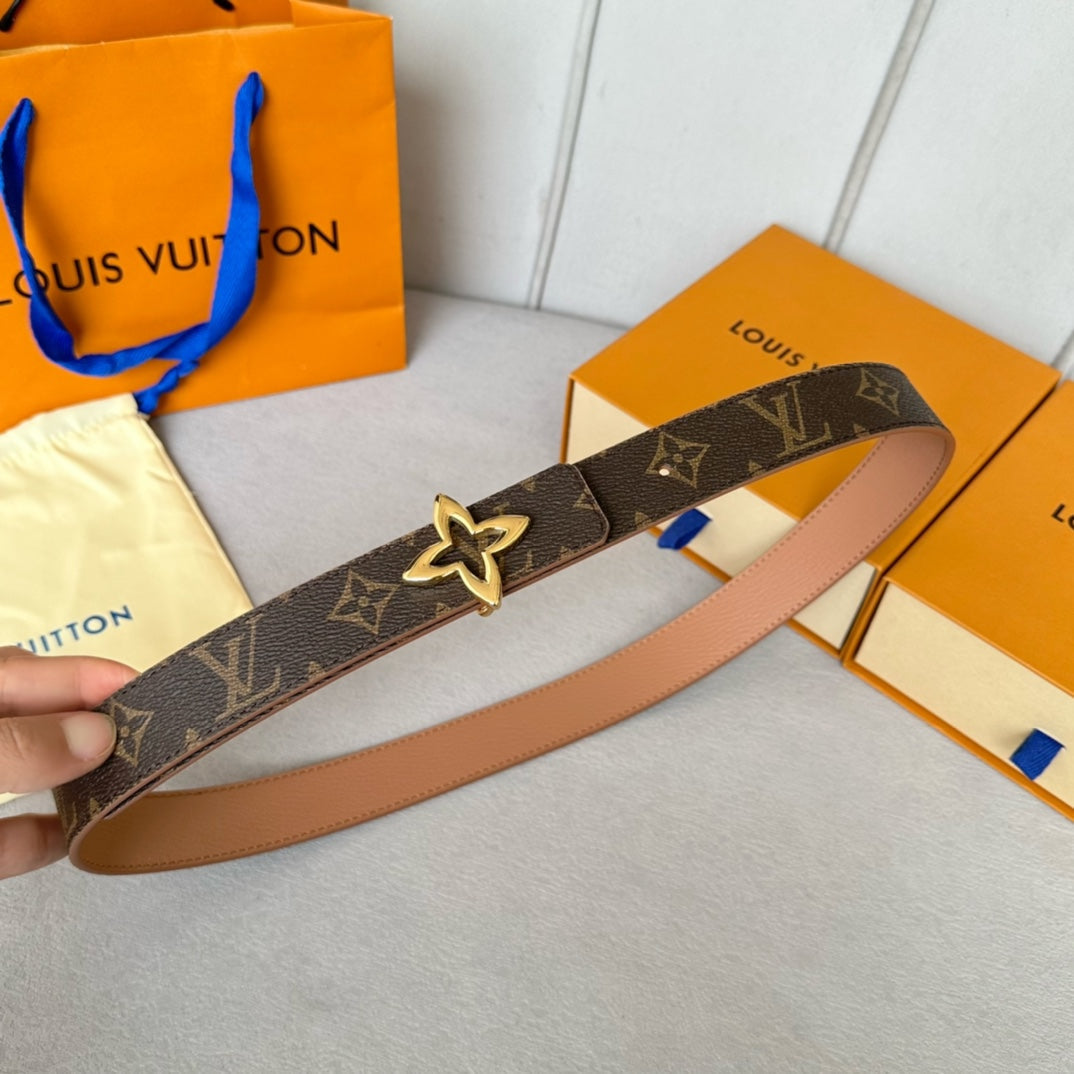 LVMINI FLOWERGRAM 30MM REVERSIBLE BELT IN BUFF BROWN CALFSKIN GOLD HARDWARE