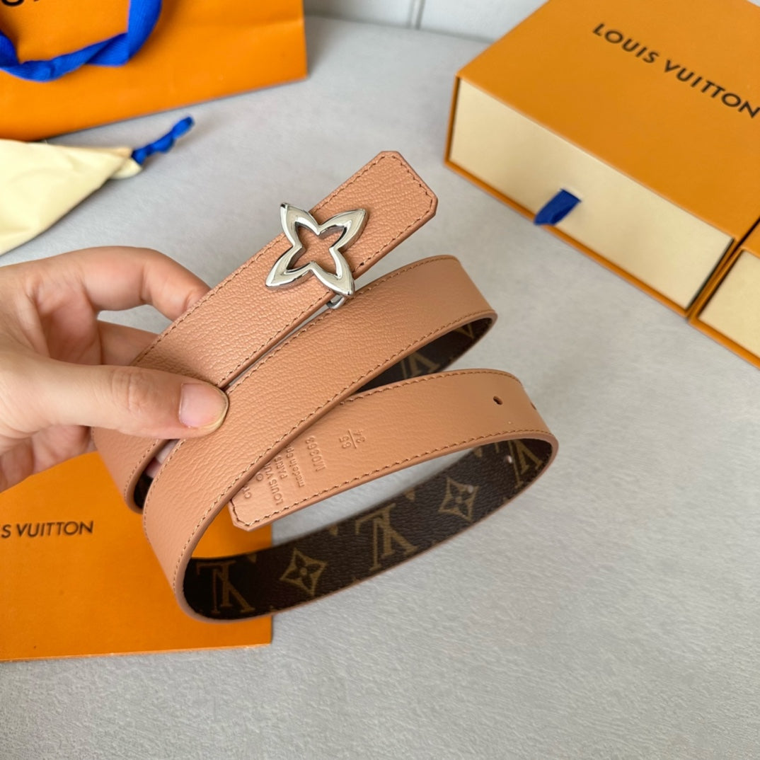 LVMINI FLOWERGRAM 30MM REVERSIBLE BELT IN BUFF BROWN CALFSKIN SILVER HARDWARE