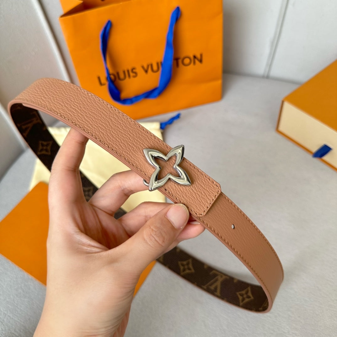 LVMINI FLOWERGRAM 30MM REVERSIBLE BELT IN BUFF BROWN CALFSKIN SILVER HARDWARE