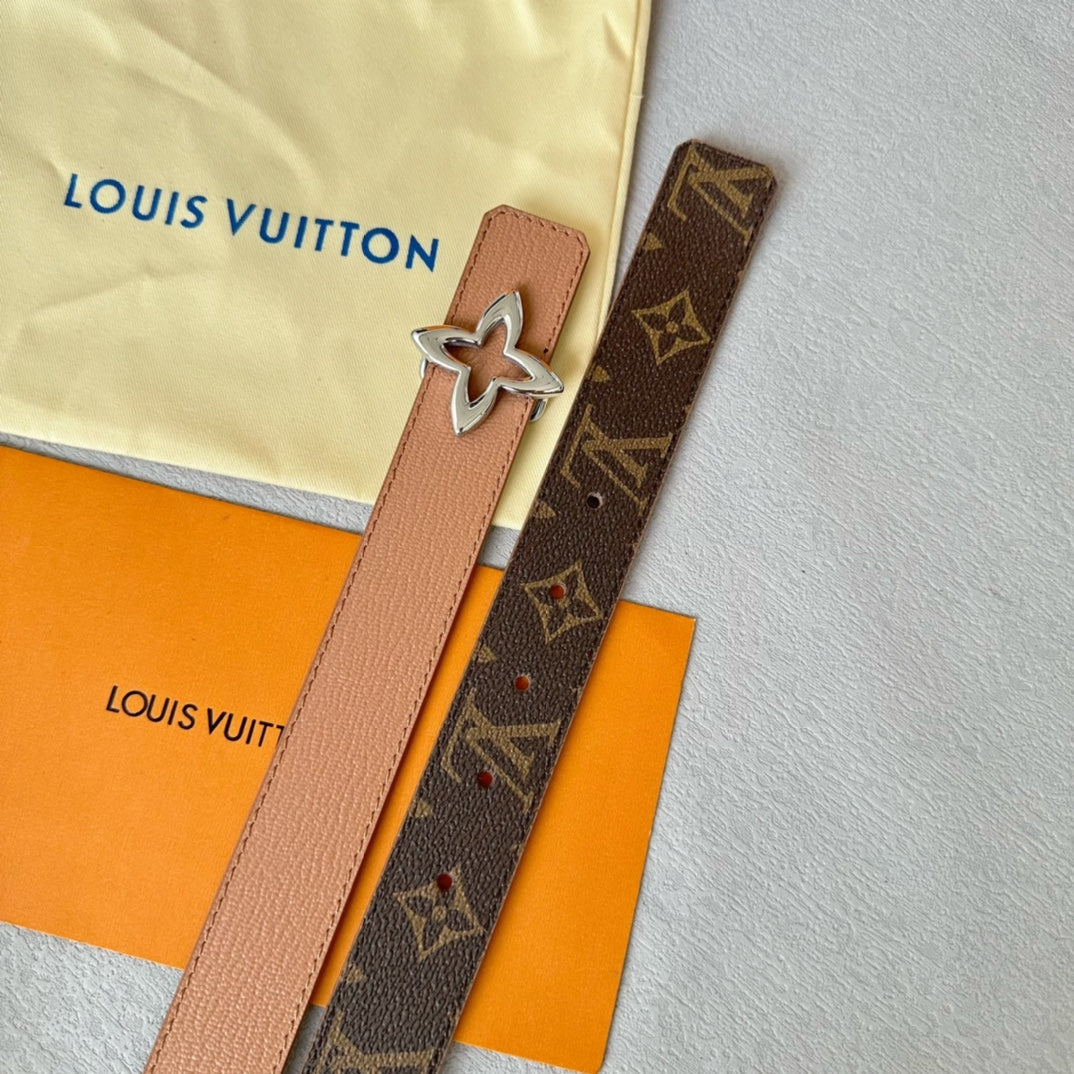 LVMINI FLOWERGRAM 30MM REVERSIBLE BELT IN BUFF BROWN CALFSKIN SILVER HARDWARE