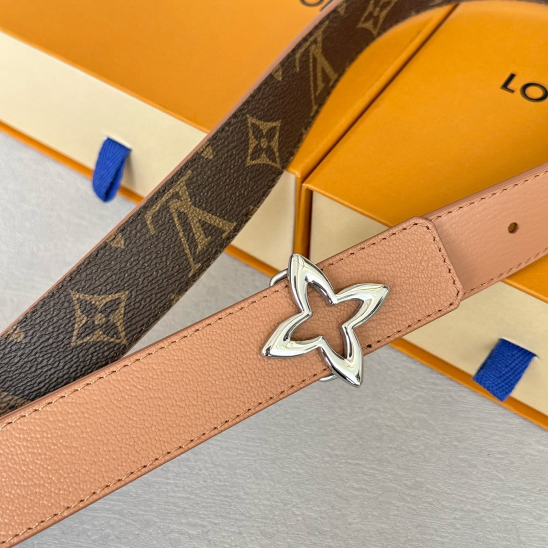 LVMINI FLOWERGRAM 30MM REVERSIBLE BELT IN BUFF BROWN CALFSKIN SILVER HARDWARE