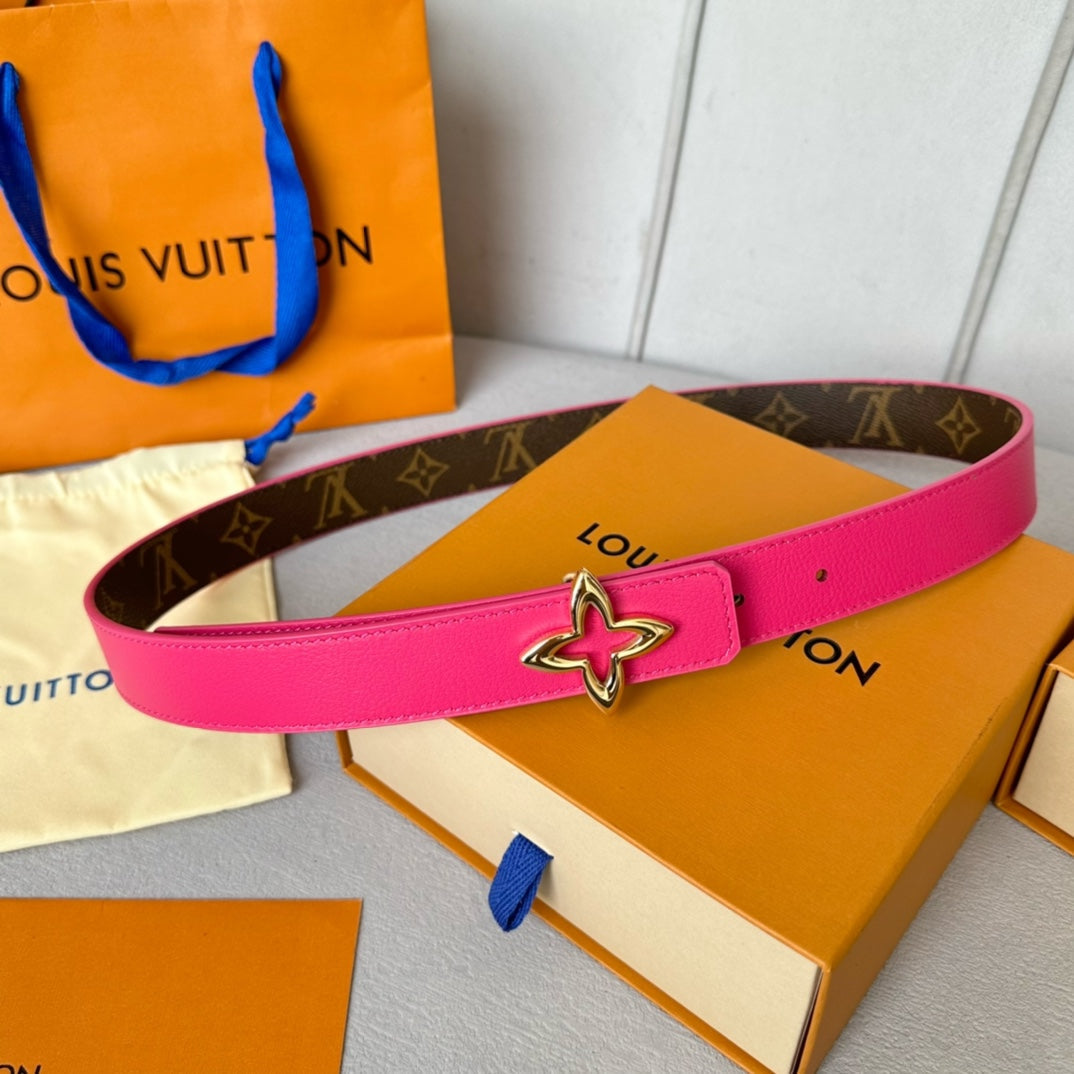 LVMINI FLOWERGRAM 30MM REVERSIBLE BELT IN BRIGHT PINK CALFSKIN GOLD HARDWARE