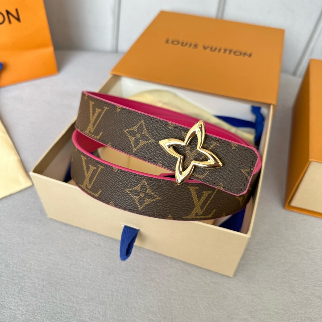 LVMINI FLOWERGRAM 30MM REVERSIBLE BELT IN BRIGHT PINK CALFSKIN GOLD HARDWARE