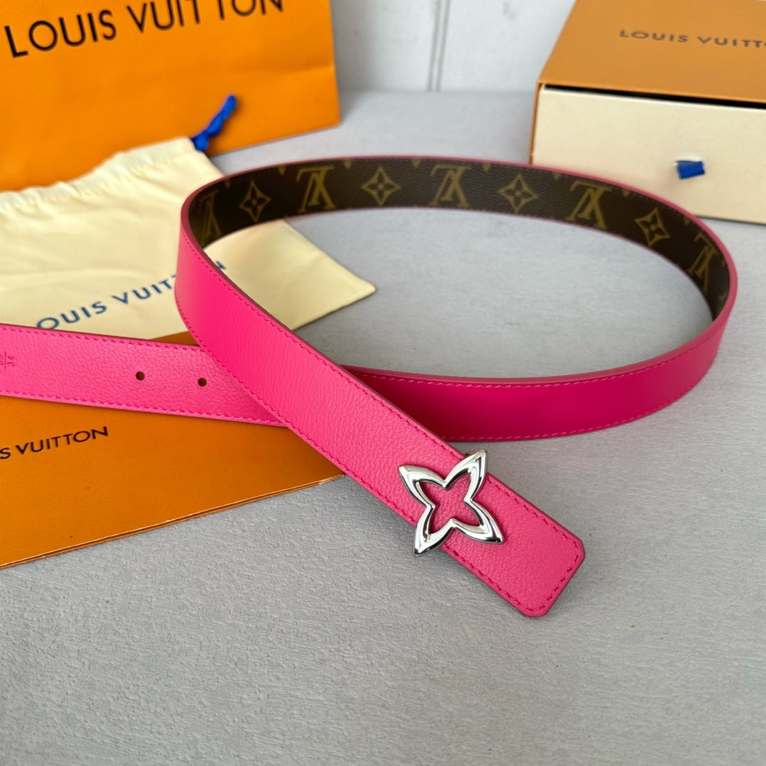 LVMINI FLOWERGRAM 30MM REVERSIBLE BELT IN BRIGHT PINK CALFSKIN SILVER HARDWARE