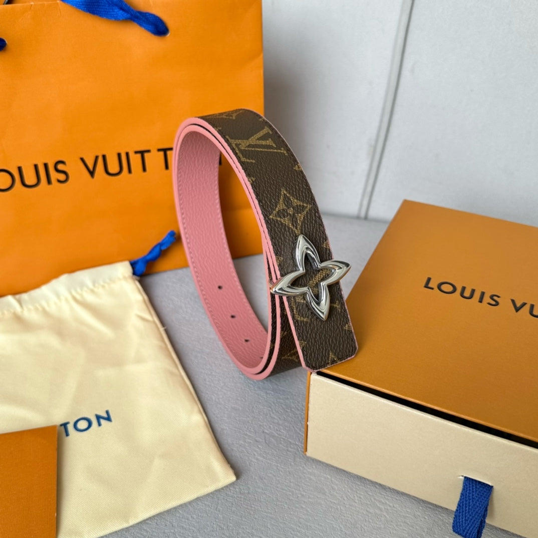 LVMINI FLOWERGRAM 30MM REVERSIBLE BELT IN BLUSH PINK CALFSKIN SILVER HARDWARE