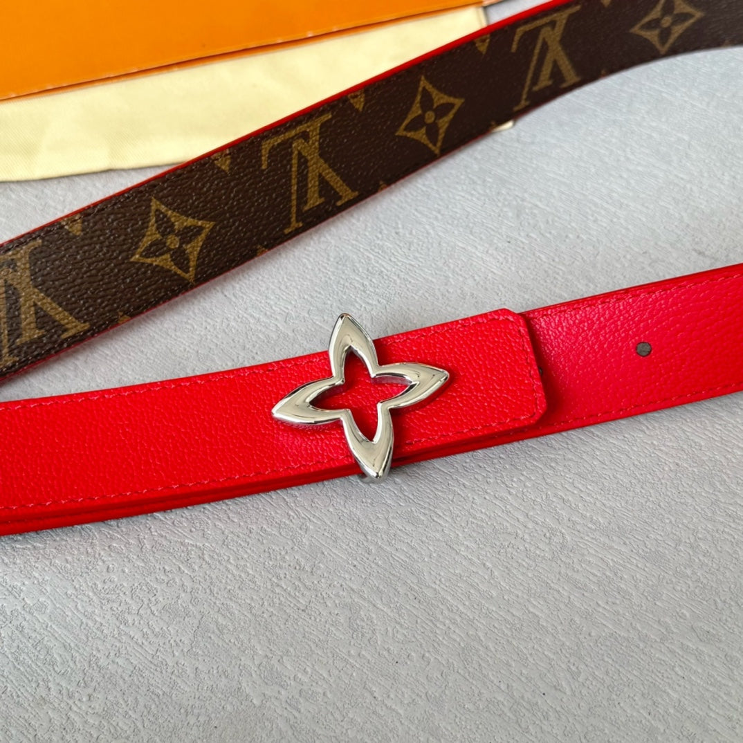 LVMINI FLOWERGRAM 30MM REVERSIBLE BELT IN CHERRY RED CALFSKIN SILVER HARDWARE