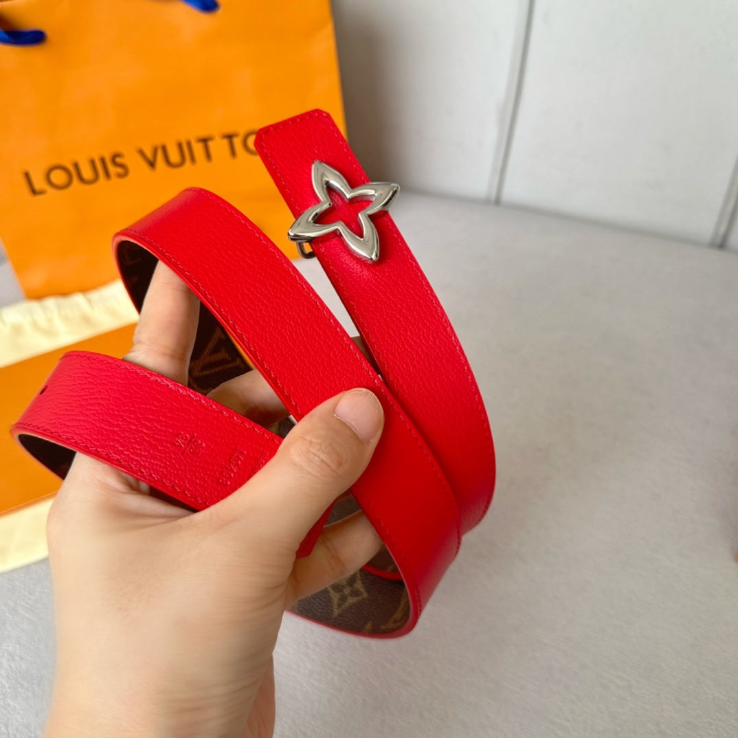 LVMINI FLOWERGRAM 30MM REVERSIBLE BELT IN CHERRY RED CALFSKIN SILVER HARDWARE