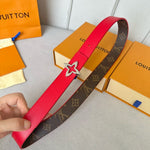 LVMINI FLOWERGRAM 30MM REVERSIBLE BELT IN CHERRY RED CALFSKIN SILVER HARDWARE