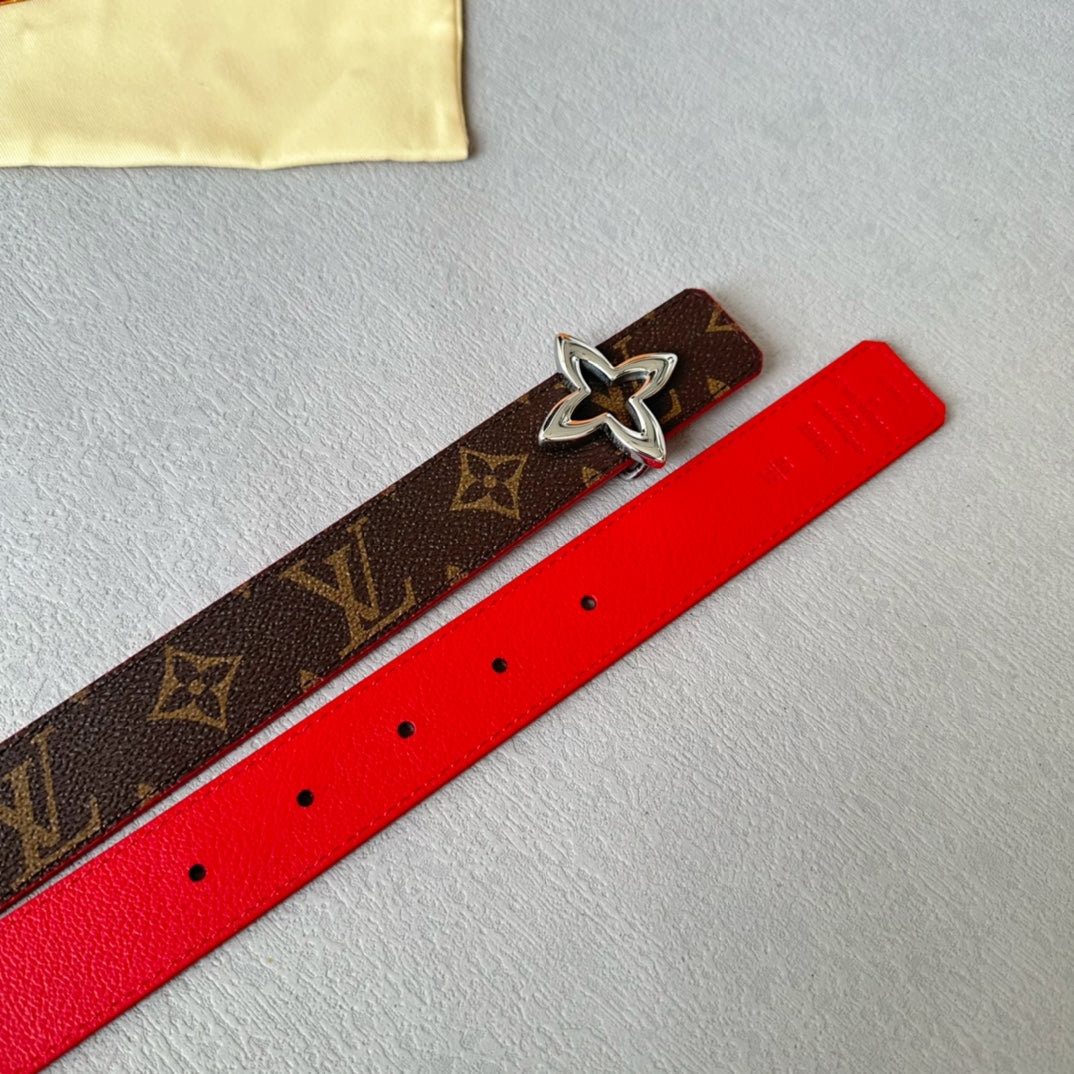 LVMINI FLOWERGRAM 30MM REVERSIBLE BELT IN CHERRY RED CALFSKIN SILVER HARDWARE