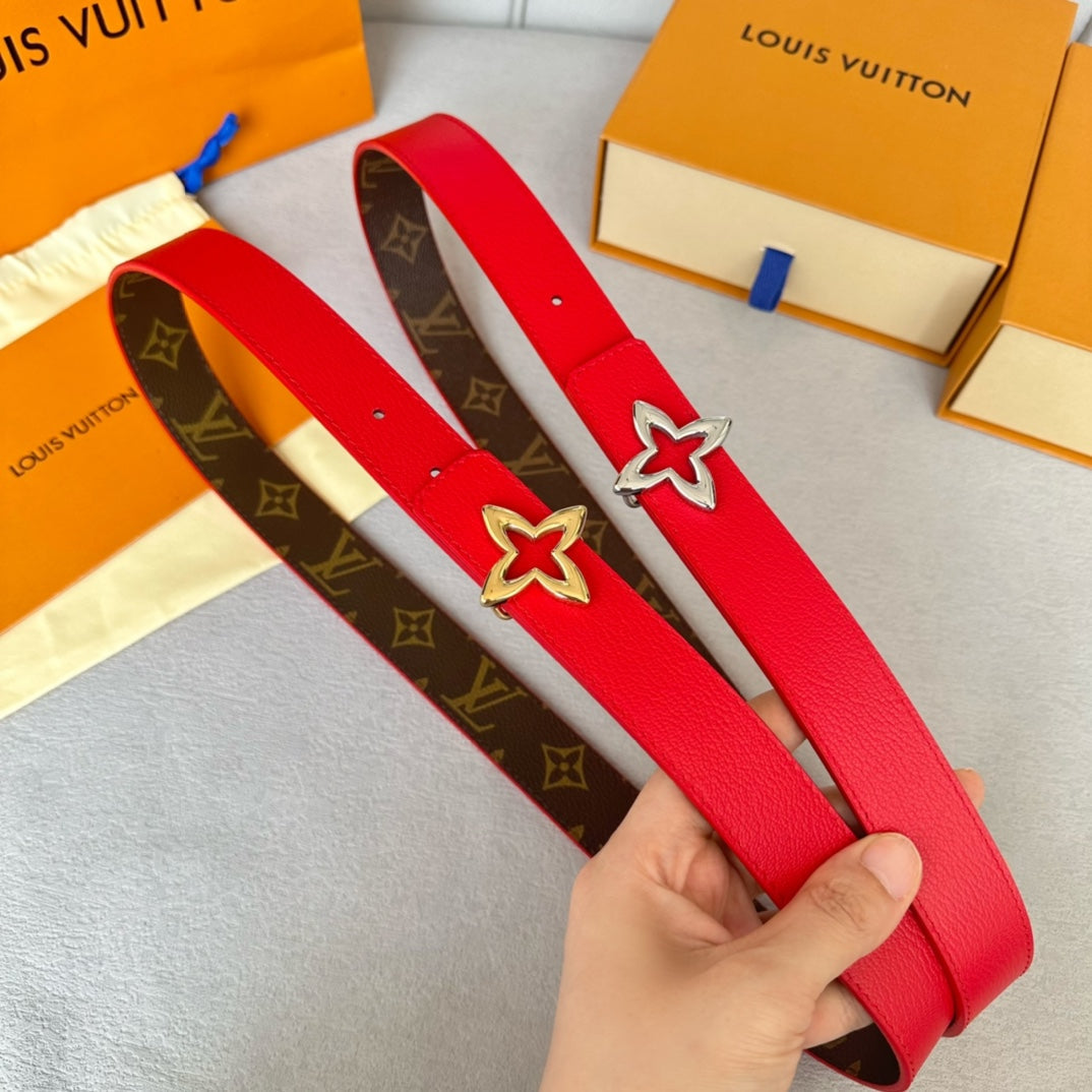 LVMINI FLOWERGRAM 30MM REVERSIBLE BELT IN CHERRY RED CALFSKIN SILVER HARDWARE