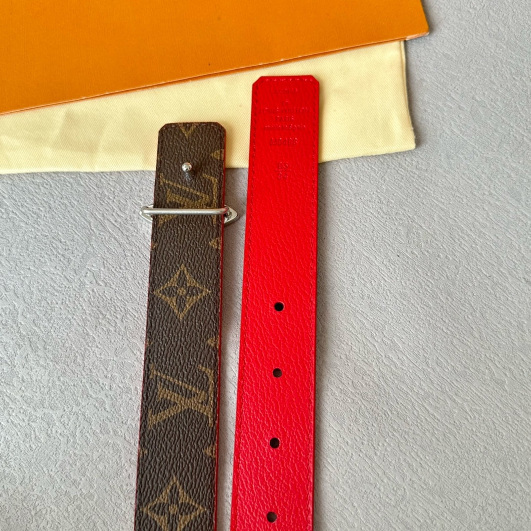 LVMINI FLOWERGRAM 30MM REVERSIBLE BELT IN CHERRY RED CALFSKIN SILVER HARDWARE