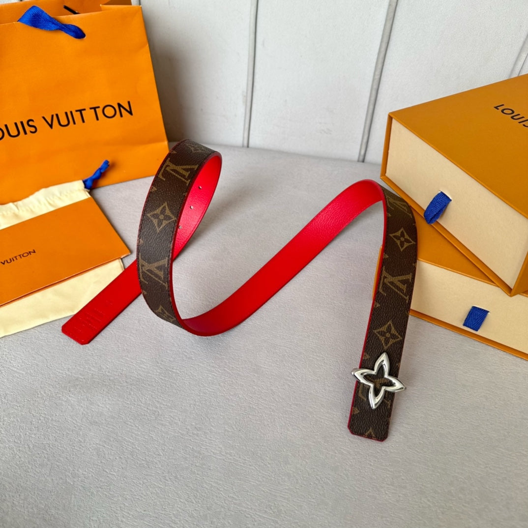 LVMINI FLOWERGRAM 30MM REVERSIBLE BELT IN CHERRY RED CALFSKIN SILVER HARDWARE