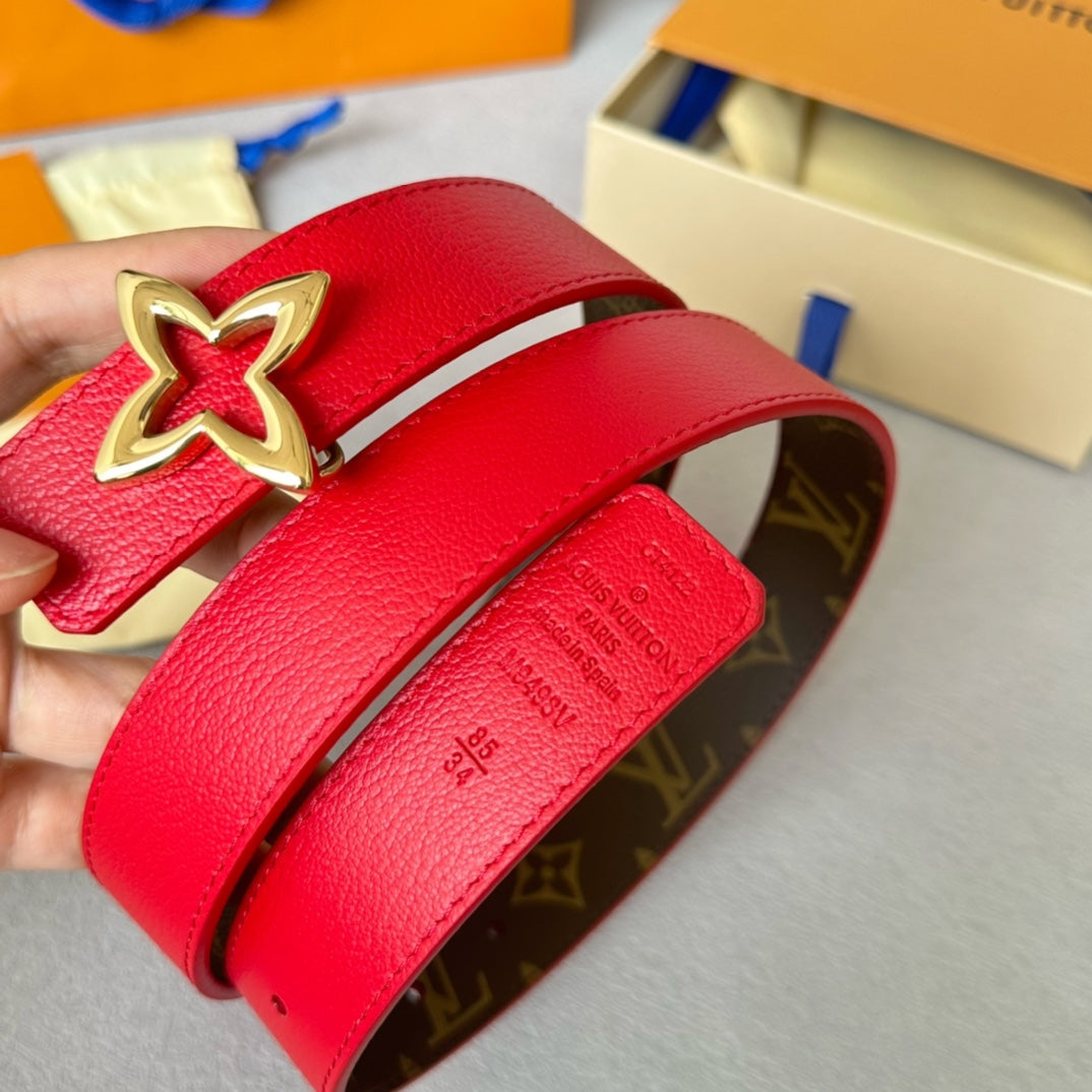 LVMINI FLOWERGRAM 30MM REVERSIBLE BELT IN CHERRY RED CALFSKIN GOLD HARDWARE