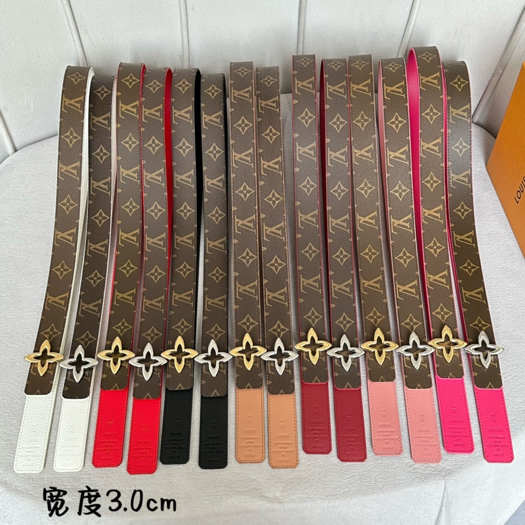 LVMINI FLOWERGRAM 30MM REVERSIBLE BELT IN CHERRY RED CALFSKIN GOLD HARDWARE
