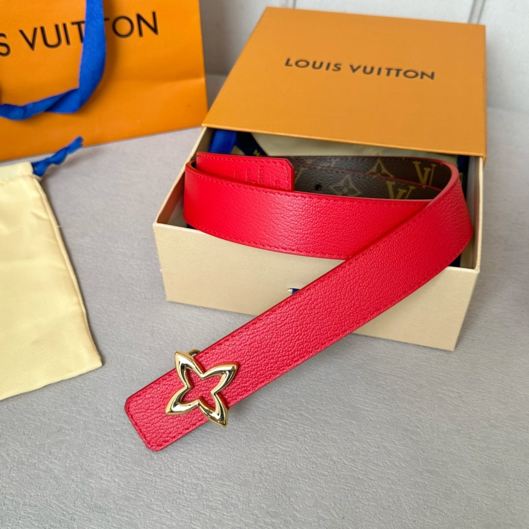 LVMINI FLOWERGRAM 30MM REVERSIBLE BELT IN CHERRY RED CALFSKIN GOLD HARDWARE