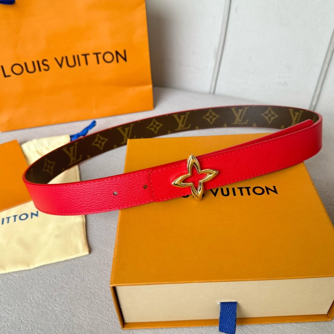 LVMINI FLOWERGRAM 30MM REVERSIBLE BELT IN CHERRY RED CALFSKIN GOLD HARDWARE
