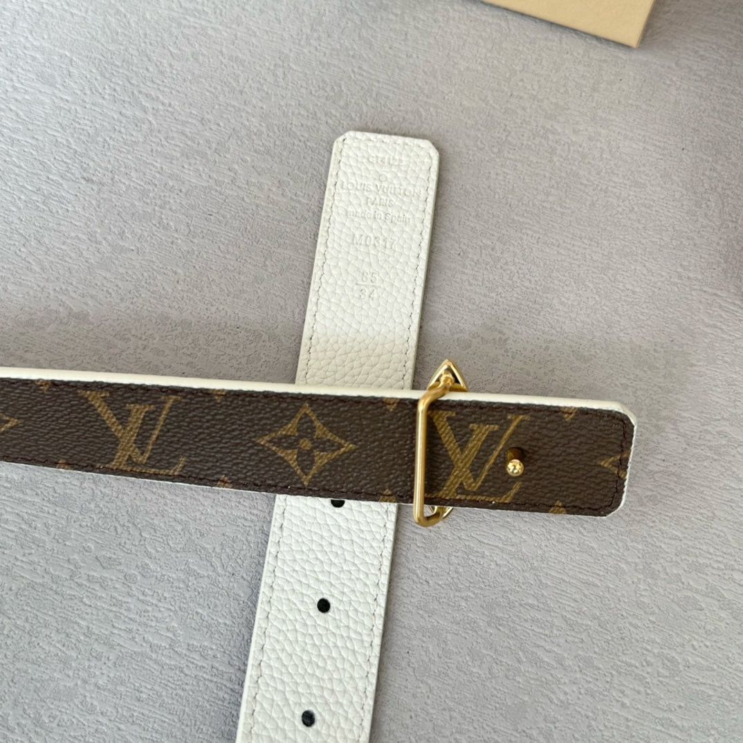 LVMINI FLOWERGRAM 30MM REVERSIBLE BELT IN WHITE CALFSKIN GOLD HARDWARE